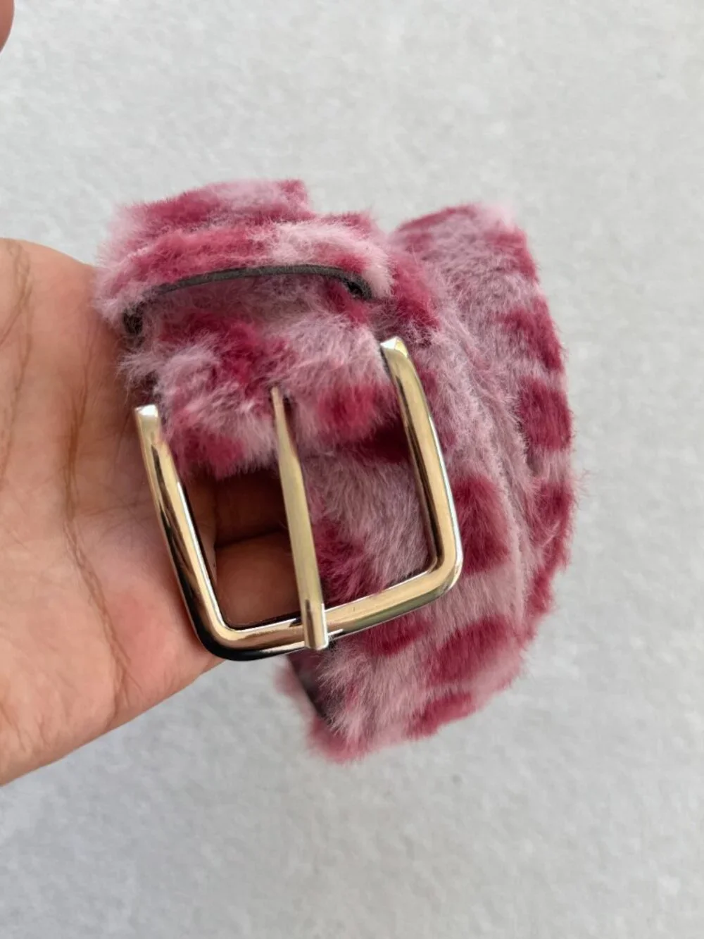 Pink Leopard Print Plush Faux Fur Belt